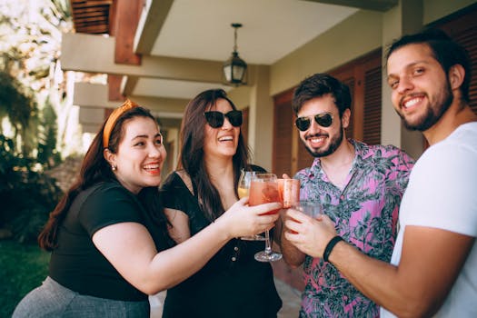 Group of friends smiling and toasting drinks outside. Perfect for lifestyle and celebration themes.